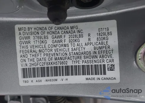 2019 Honda Civic Sport from USA, damaged, VIN 2HGFC2F8XKH579802